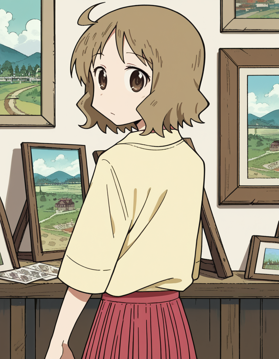 score_9, score_8_up, score_7_up, source_anime, <lora:izumi-sakurai-s1-ponyxl-lora-nochekaiser:1>, izumi sakurai, short hair, brown hair, brown eyes, ahoge,, skirt, yellow shirt, pleated skirt, red skirt,, museum, art exhibit, paintings, observing, quiet contemplation, cultural experience, , <lora:shaft-look-ponyxl-lora-nochekaiser:1>, shaft look, looking back, from behind, head tilt,, looking at viewer, solo,, dutch angle, cowboy shot
