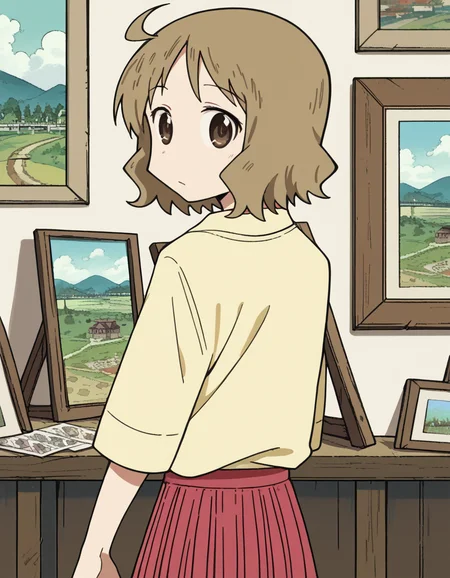 score_9, score_8_up, score_7_up, source_anime, <lora:izumi-sakurai-s1-ponyxl-lora-nochekaiser:1>, izumi sakurai, short hair, brown hair, brown eyes, ahoge,, skirt, yellow shirt, pleated skirt, red skirt,, museum, art exhibit, paintings, observing, quiet contemplation, cultural experience, , <lora:shaft-look-ponyxl-lora-nochekaiser:1>, shaft look, looking back, from behind, head tilt,, looking at viewer, solo,, dutch angle, cowboy shot