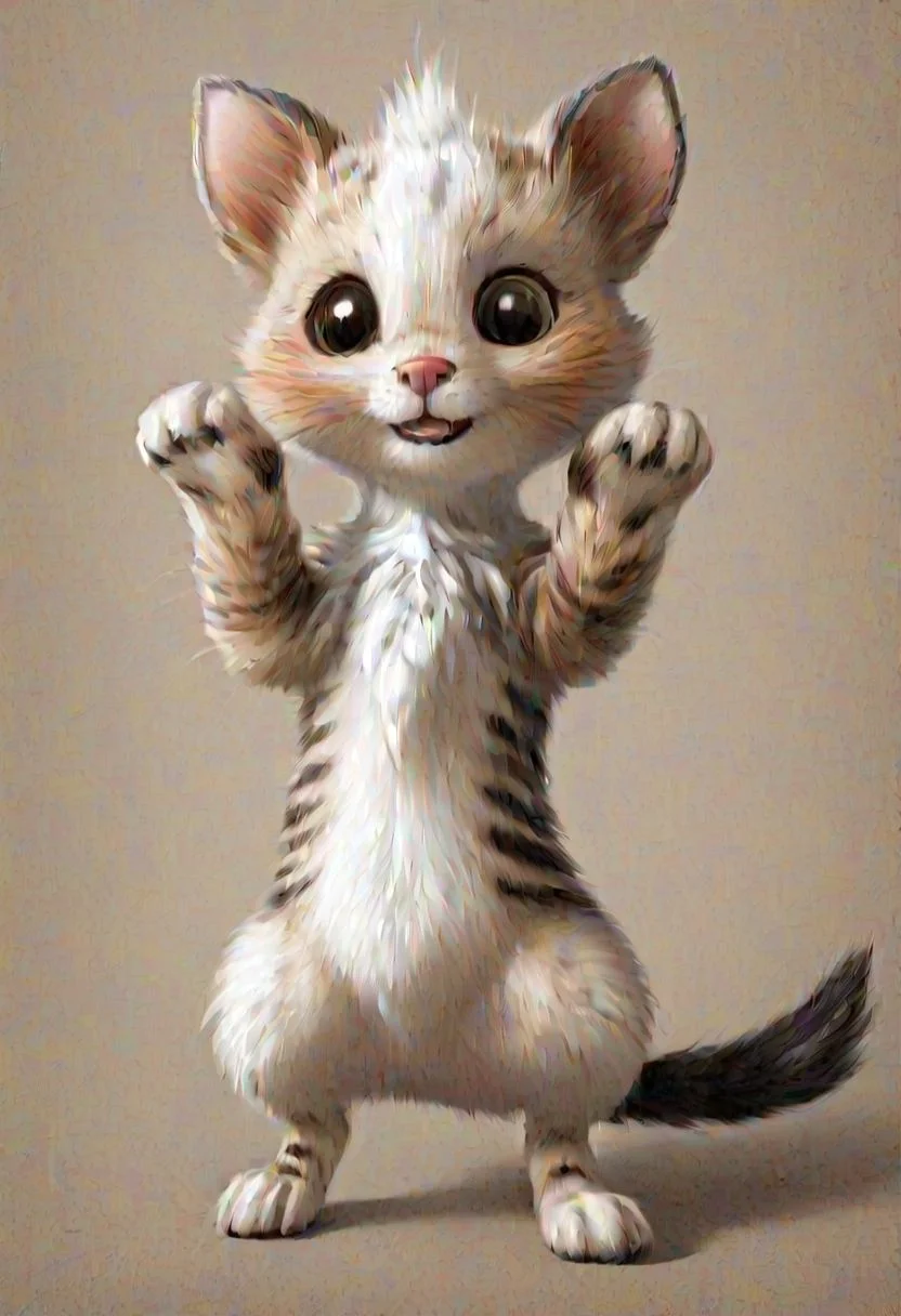 kitten standing on its hind legs realistic wet nose bristling fur stalking pose to catch a little mouse cheerful happy look