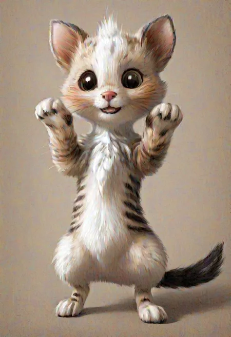 kitten standing on its hind legs realistic wet nose bristling fur stalking pose to catch a little mouse cheerful happy look