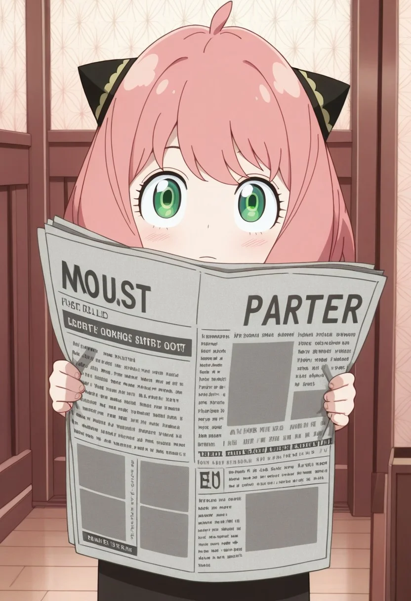 masterpiece,best quality,amazing quality,anya forger, pink hair, female child, child, green eyes, medium hair, 1girl, solo, looking at viewer, holding, newspaper, english text, paper, indoors