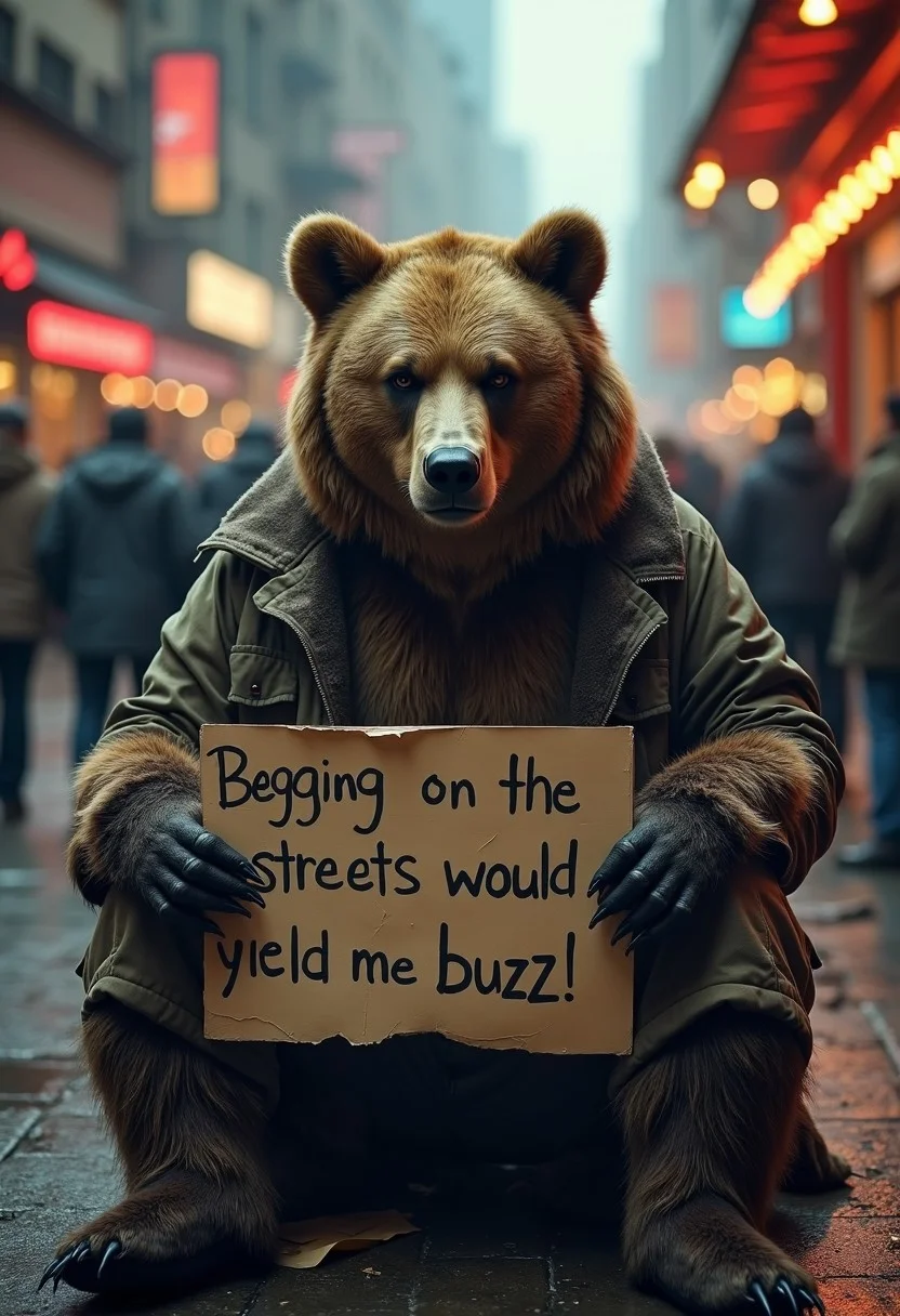 Sitting near a busy marketplace, a haggard anthro grizzly bear beggar with unkempt fur is holding a sign with a lightning bolt symbol and text "Begging on the streets would yield more buzz". The bear is dressed like a hobo, unemployed and homeless, completely out of money., Volumetric light, atmospheric, cinematic, realistic, high contrast, dramatic and striking aesthetics, poor and sad, depressing mood