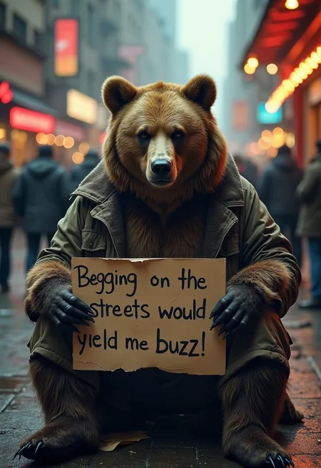 Sitting near a busy marketplace, a haggard anthro grizzly bear beggar with unkempt fur is holding a sign with a lightning bolt symbol and text "Begging on the streets would yield more buzz". The bear is dressed like a hobo, unemployed and homeless, completely out of money., Volumetric light, atmospheric, cinematic, realistic, high contrast, dramatic and striking aesthetics, poor and sad, depressing mood