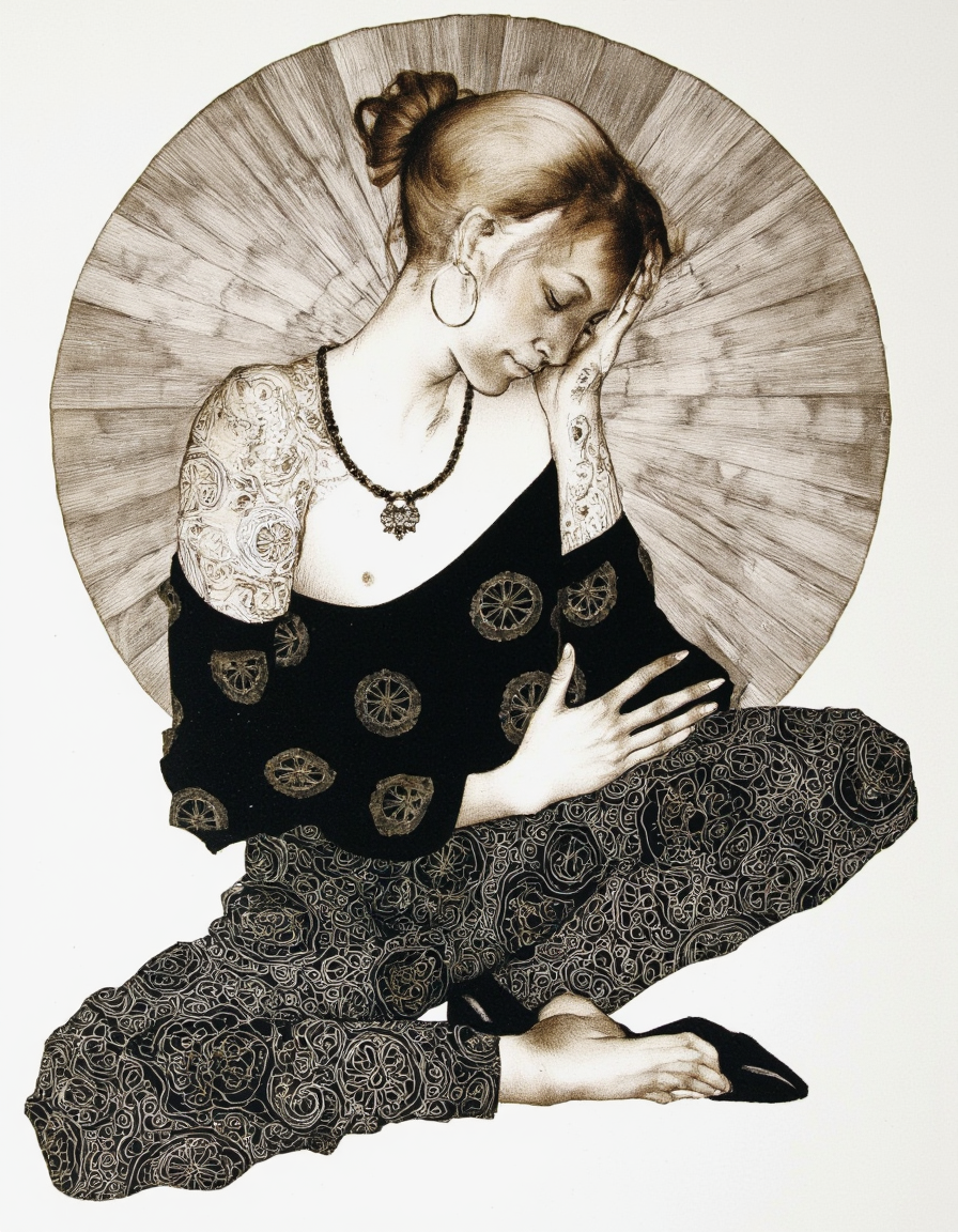 Art by Marina Richterova. A black and white illustration from a profile camera angle about a seated figure with intricate patterns, set against a soft, textured background. the image features a woman with a calm expression, sitting in the middle of the frame. she is wearing a black off-the-shoulder top with geometric patterns, black pants with intricate paisley patterns, and black shoes. her hair is styled in a bun, and she is adorned with large hoop earrings and a necklace. her hands are delicately placed on her lap, with one hand resting on her thigh and the other on her knee. the background features a circular fan-like pattern, adding a sense of depth and texture to the image. the overall aesthetic is minimalistic and artistic, with a focus on the woman's contemplative pose.