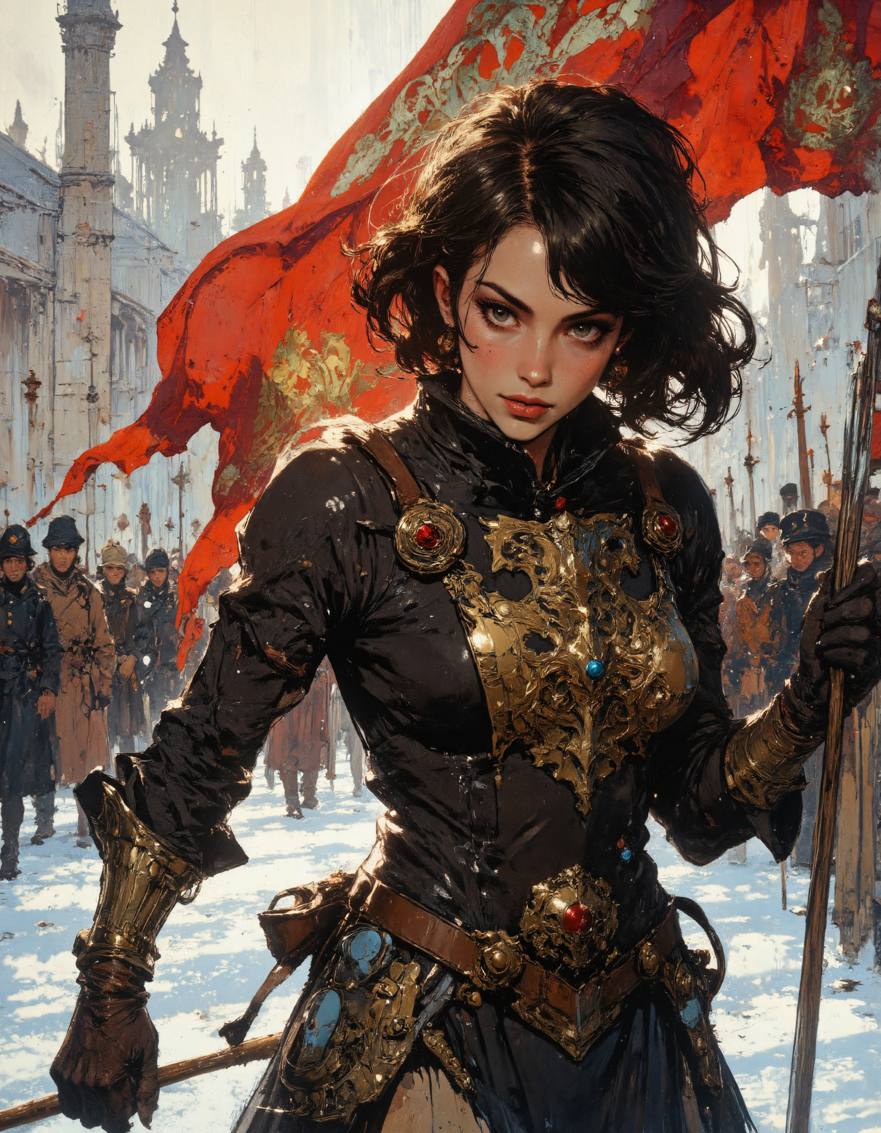 A woman in scavenged plate armor drags a sawtoothed cleaver through the snow, her breath ragged. Behind her, the warlordâs banner burns slow and greasy. She doesnât cheer. She countsâone butchered horse for every village he burned. Anime art, bichu, oil painting