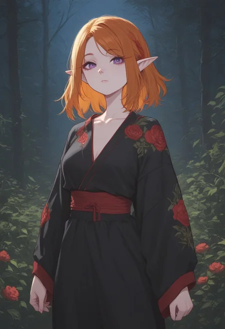 score_9, score_8_up, score_7_up, extremely detailed, 1girl, elf, pale skin, cute face, violet eyes, medium length hair, two-tone hair, blonde hair, ginger hair, medium breasts, wearing a loose black kimono with red trim and red floral pattern, standing in a forest, night, moonlight