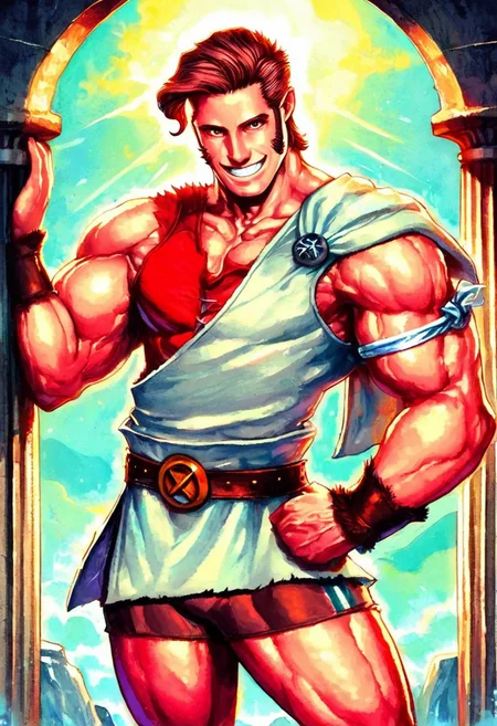masterpiece, best quality, amazing quality, very aesthetic, absurdres, newest,gohheracilxl leaning against a marble pillar, 1boy, brown hair, mature male, smile, grin, male focus, belt, muscular, red undershirt, brown shorts, white toga, single cloth armband, bulging muscles, belt buckle, sideburns, athletic build, sideswept hair, vibrant details, FMIXF, close up, looking at viewer