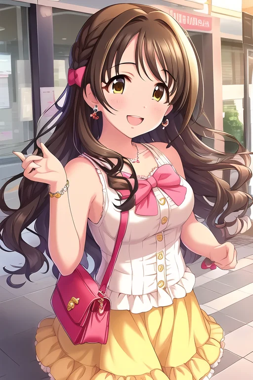 Shimamura Uzuki, brown hair, long hair, 1girl, bag, bangs, bare shoulders, blurry, blurry background, blush, bow, bowtie, bracelet, breasts, brown eyes, brown hair, buttons, collarbone, day, earrings, eyebrows visible through hair, frilled skirt, frills, hair bow, hair ornament, hand up, handbag, highres, jewelry, lips, long hair, looking at viewer, medium breasts, necklace, open mouth, outdoors, shiny, shiny hair, skirt, sleeveless, smile, solo, teeth, yellow skirt
<lora:deresute-v1.1:1>