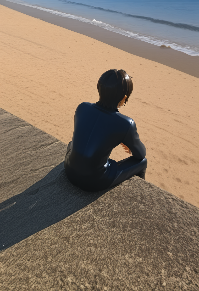 (masterpiece, high quality, amazing detail), highres, 1boy, eren yeager, sitting, from behind, photo background, beach, sea, sand bar,<lora:Kurapika_is_now_drowning_in_an_indescribable_emptiness-000009:1>