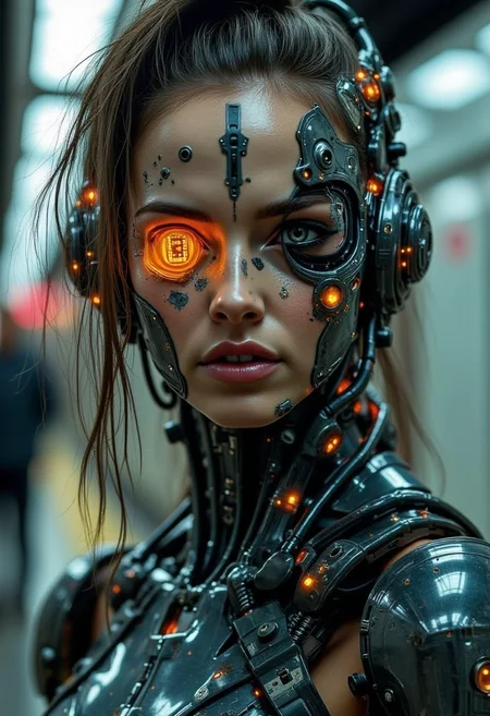 yfg-f@ce, A portrait of a woman whose countless operations and upgrades have left her almost more machine than human. Her face bears the glowing scars and blinking lights of constant merging of flesh and technology. She is trying to appear confident and strong, but the weight of her past and choices weighs heavily on her. One eye is completely robotic. The background is a subway station with strong depth of field.