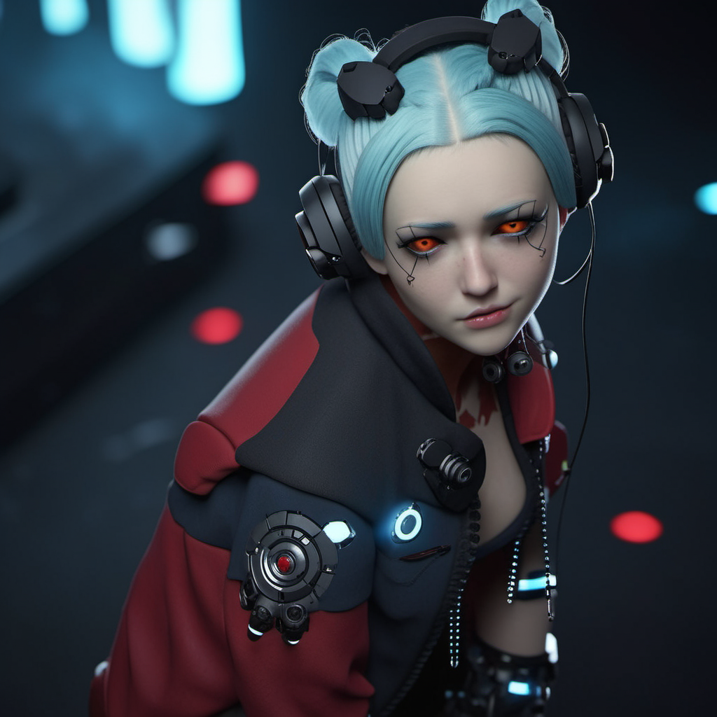 a woman, ligh blue hair, long pigtails, red tatttoos, wears a jacket, headphones, robotic big fists,  cyberpunk background, highly detailed, photography, ultra sharp, film, bokeh, professional, 64k <lora:Rebecca1024:0.8>