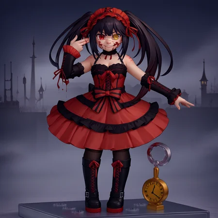 score_9, score_8_up, score_7_up, faux figurine, nendoroid, full body, figure, platform, solo, <lora:Nendoroid_pdxl_Incrs_v1:1>, <lora:FingergunToHead_XLPD:1>, finger gun to head, finger gun, <lora:ChamTokisakiKurumiPonyXL:1>, KurumiBase, clock eyes, red eye, yellow eye, heterochromia, black hair, twintails, hairband, red dress, striped bow, frills, detached sleeves, frilled choker, black thighhighs, garter straps, lace-up boots, smirk, blood, blood on face, blood on clothes, clock tower, crazy,