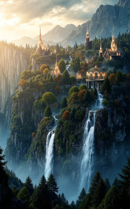 a magical elven city floating in the sky,with elegant crystal towers,glowing bridges of light,and cascading waterfalls falling into the clouds below,viewed at golden hour with soft sunlight filtering through,surrounded by floating isles with ancient runes,vivid style,fantasy architectural style,majestic and luminous.,<lora:aidmaMJ6.1_v0.5_3:0.6>,aidmaMJ6.1,<lora:klordoftherings-01:0.8>,klordoftherings,