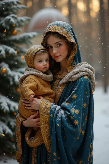 Madonna with child in her arms. Christmas. Behind the dome. In gold and blue. Winter.