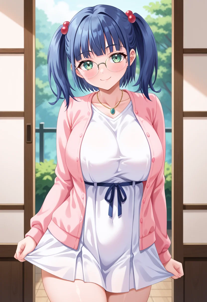 masterpiece, best quality, amazing quality, absurdres, 1girl, solo, cowboy shot, mayuww, green eyes, blue hair, twintails, hair bobbles, glasses, large breasts, necklace, pink jacket, white dress, long sleeves, looking at viewer, smile, indoors, day, skindentation, detailed clothing folds, depth of field, sharp, high contrast, dynamic light <lora:Minakami_Mayu_Otome_Chibaku_Yuug_ill:0.8>