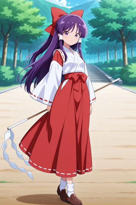 absurdres, highres, masterpiece, best quality, amazing quality, official anime artwork, screencap, anime screencap, outdoors, looking at viewer, light smile, dynamic pose, standing,
<lora:Reimu-Hakurei-PC98_Illustrious:1> Reimu98, 1girl, solo, purple eyes, purple hair hair, long hair, sidelocks, small breasts,, hair bow, red bow, hair tubes, white tubes, white shirt, attached ribbon-trimmed sleeves, red skirt, long skirt, holding gohei,