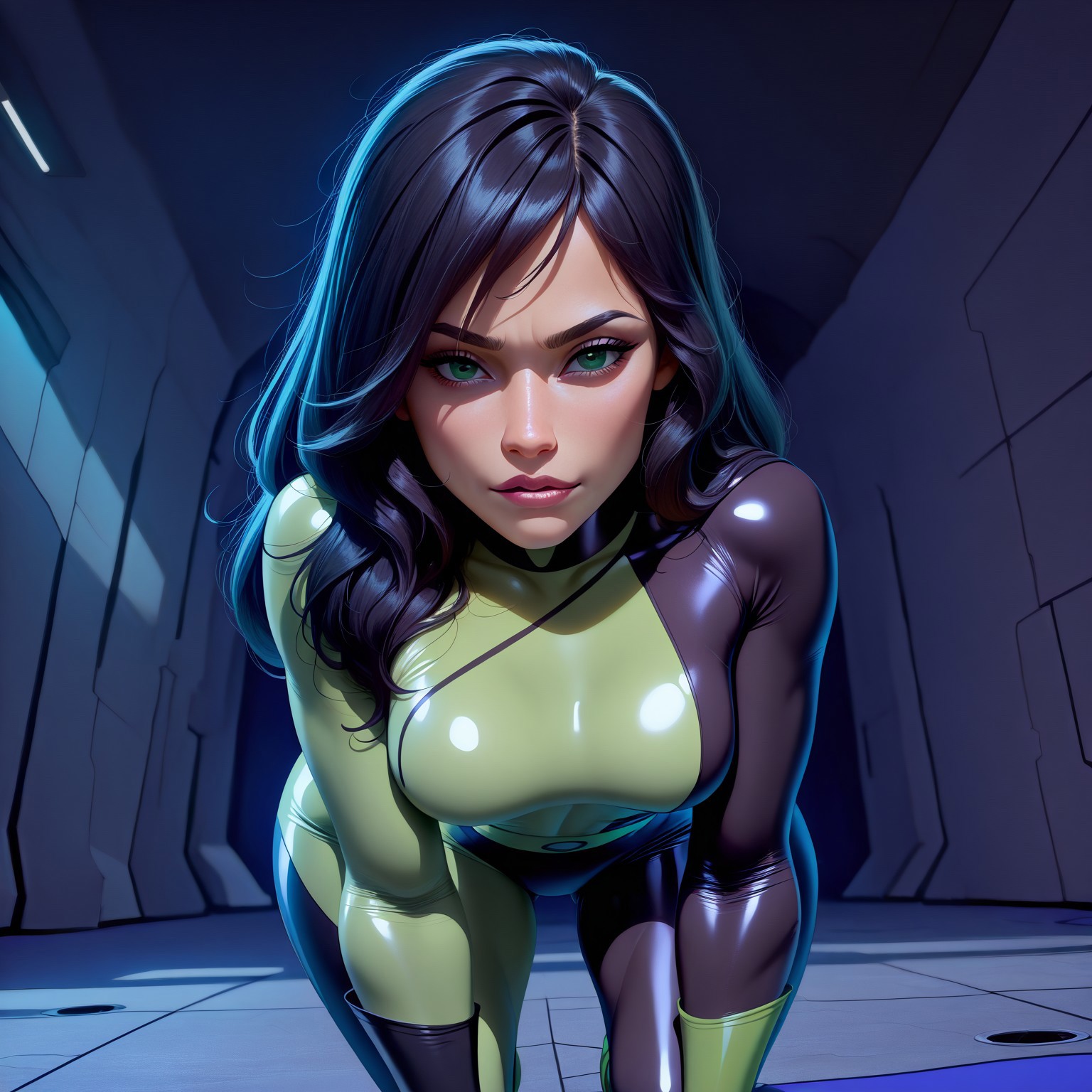 safe_pos, masterpiece, best quality, amazing quality, very aesthetic, absurdres, intricate details,(volumetric lighting), scenery, photorealistic, underground, secret base,
shego, 1girl, solo, long hair, black upper lip, black hair, green eyes, green bodysuit, open bodysuit, hour one_breast_out, green gloves,boots, sexy pose, closeup, on knees,(NyantchaStyle), narrow waist, wide hips, small breasts,
masterpiece, best quality, amazing quality, the very aesthetic, absurdres, (volumetric lighting), scenery, depth of field, blurry_background, explicit, nsfw,