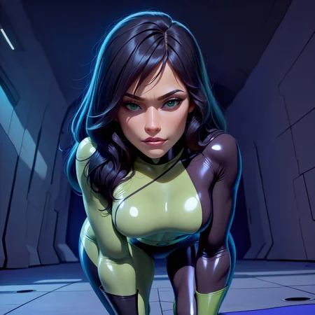 safe_pos, masterpiece, best quality, amazing quality, very aesthetic, absurdres, intricate details,(volumetric lighting), scenery, photorealistic, underground, secret base,
shego, 1girl, solo, long hair, black upper lip, black hair, green eyes, green bodysuit, open bodysuit, hour one_breast_out, green gloves,boots, sexy pose, closeup, on knees,(NyantchaStyle), narrow waist, wide hips, small breasts,
masterpiece, best quality, amazing quality, the very aesthetic, absurdres, (volumetric lighting), scenery, depth of field, blurry_background, explicit, nsfw,