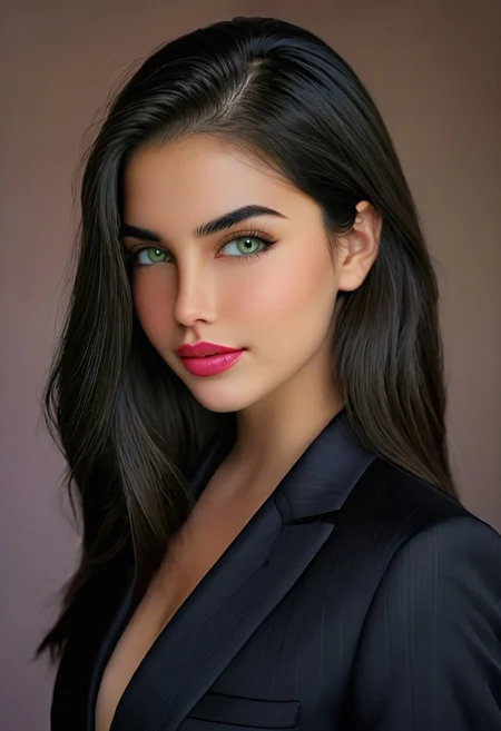 photorealistic, epic realism, (masterpiece), (Realistic photo), (High quality), (RAW photo 8k), (upper body), (Photography by Steve McCurry), incredibly absurdres, young, supermodel, 1girl, solo, ((upper body, portrait, looking at the viewer)), (outline defined full lips:1.4), (green/hazel eyes), perfect symmetrical eyes, long eyelashes, wearing a black modern designer (suit:1.4), (highly detailed, intricate), ((black hair:1.4), modern hairstyle, hair intakes, detailed long hair, (healthy hair, silky hair, voluminous hair)), ((natural, eyeliner, pink lipstick, seductive smiling expression, closed mouth, closed lips, highly detailed face)), (exceptional Detail Clarity, dynamic angle, DSLR, hyper-detailed), (fine details, sharp focus, depth of field).