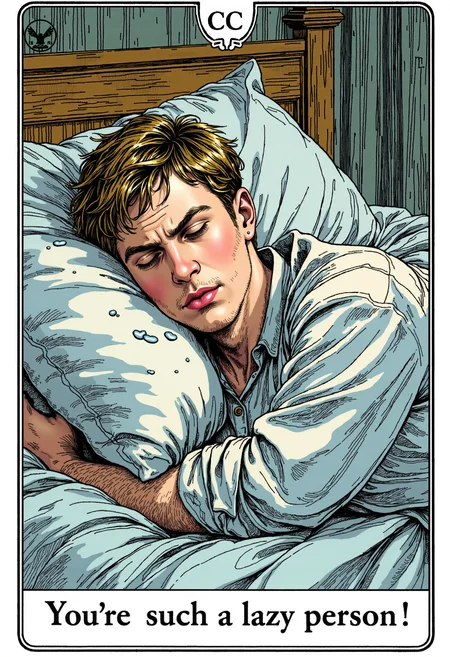 a tarot card in the style of ck-tc featuring a young man sleeping on a comfortable bed, covered, his head on the soft pillow, saliva drooling from his mouth on the pillow.
Text at the bottom says "You're such a lazy person!" 