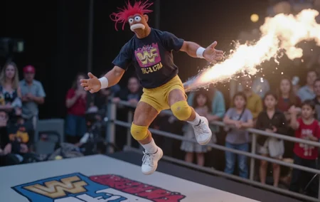 The most popular Pepe King Prawn is wearing a WWF t-shirt and yellow trunks, in flight propelled by his his rear end farting fire, soaring over Wrestlemania