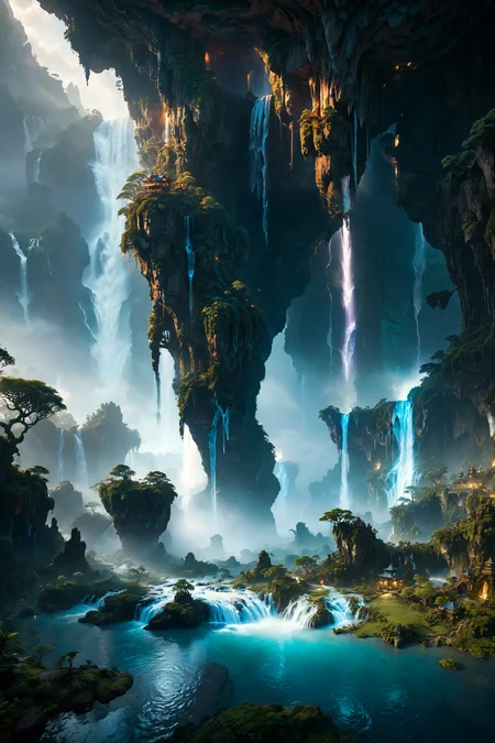 <lora:xl_more_art-full_v1:0.7> , (best quality:1.5), (intricate emotional details:1.5), (sharpen details), (ultra detailed), (cinematic lighting), floating isles landscapes, waterfalls, otherworldly, magical lights, foreign planet, dusk, mysterious