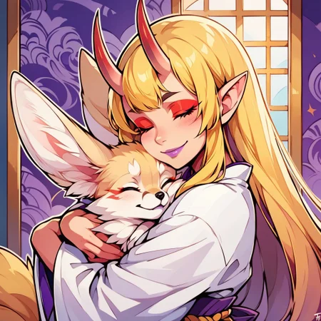 score_9, score_8_up, score_8, 1girl, blonde hair, long hair, (fennec ears, oni horns), red eyeshadow, closed eyes, purple lips, large breasts, white kimono with purple pattern, multiple tails, fox tail, altar room, looking at viewer, seductive smile, indoors, window, upper body, zzCitronCAT, abstract background,, white outline, cheek squash, p3tl0v3, hugging fennec fox,