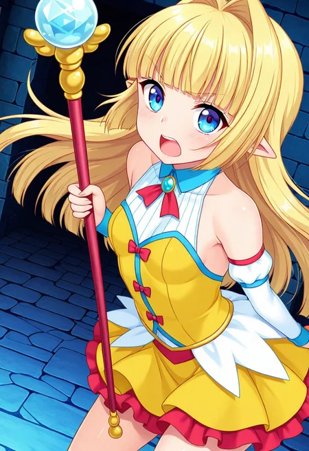 general,highres, ultra-detailed,very aesthetic,best quality ,best hands,best eyes,easynegative,
dynamic anglre, dutch angle, anime cloring,anime screencap,
1girl solo,looking at viewer,dungeon, open mouth, holding staff,fighting, ice ball,
Priscilla,blonde_hair, long_hair, blunt bangs, pointy_ears, small breasts, blue eyes, short body, petite,bare shoulders magical girl costume, staff,