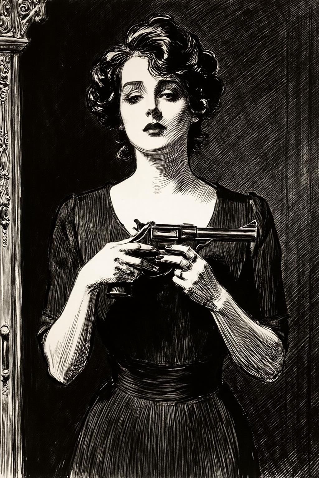 charlesdgibson1 color illustration.
a mysterious woman with dark, wavy hair and piercing eyes stands in the shadows of a dimly lit room. She is holding a small revolver with a delicate yet firm grip. Her red lipstick is the only color that stands out in the darkness, her intentions unclear but dangerous. <lora:charlesdgibson1_cap_d8a4:1.0><lora:840185093319375097:0>