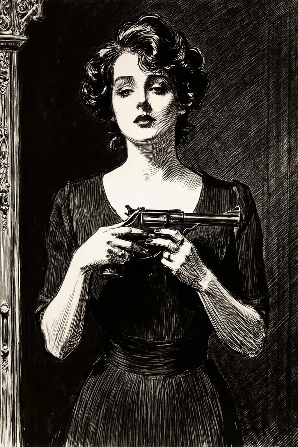 charlesdgibson1 color illustration.
a mysterious woman with dark, wavy hair and piercing eyes stands in the shadows of a dimly lit room. She is holding a small revolver with a delicate yet firm grip. Her red lipstick is the only color that stands out in the darkness, her intentions unclear but dangerous. <lora:charlesdgibson1_cap_d8a4:1.0><lora:840185093319375097:0>