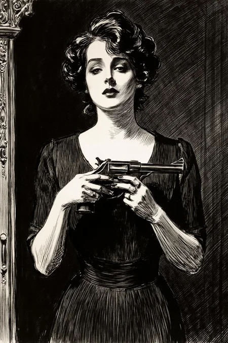 charlesdgibson1 color illustration.
a mysterious woman with dark, wavy hair and piercing eyes stands in the shadows of a dimly lit room. She is holding a small revolver with a delicate yet firm grip. Her red lipstick is the only color that stands out in the darkness, her intentions unclear but dangerous. <lora:charlesdgibson1_cap_d8a4:1.0><lora:840185093319375097:0>