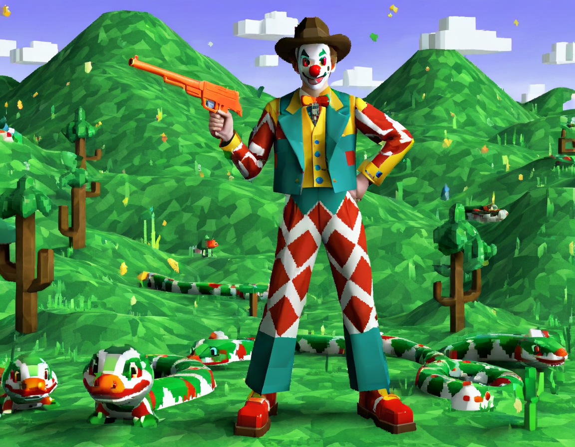 90sgum, clown (snake cowboy with a gun) character old retro game 3d, polygonal, pixelated, lo-fi, green hills backdrop, shapes and patterns, professional photosession for magazine  <lora:90sgum_v0.0.2-cap-e30:0.8>