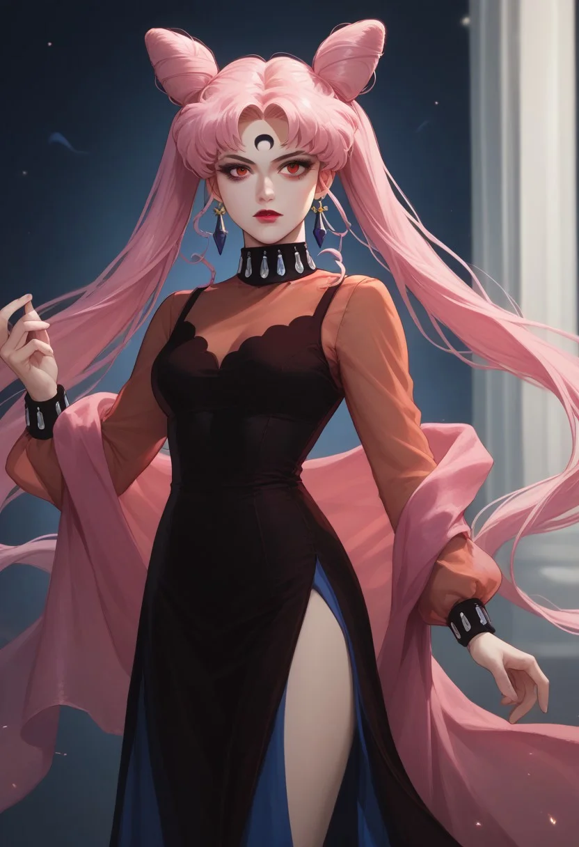 score_9,score_8_up,score_7_up, masterpiece, best quality, 1girl, black lady, 1girl, solo, long hair, red eyes, dress, twintails, jewelry, very long hair, pink hair, earrings, hair bun, see-through, double bun, makeup, facial mark, lipstick, crescent, side slit, aged up, forehead mark, cone hair bun, crescent facial mark, crystal earrings