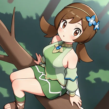 2d, masterpiece, best quality, amazing quality, highres, absurdres, newest, 1girl, solo, sitting, on branch, forest, from above, dutch angle, looking at viewer, medium breasts, syglyra, brown eyes, brown hair, bangs, low twintails, hairband, hair flower, choker, blue gemstone, detached sleeves, bare shoulders, long sleeves, green shirt, green skirt, gladiator sandals, brown footwear, green footwear