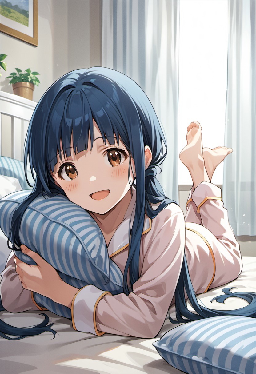 score_9, score_8_up, score_7_up, source_anime, kitakami reika, long hair, blue hair, twintails, brown eyes, 1girl, lying, solo, smile, open mouth, on stomach, pillow, barefoot, pajamas, looking at viewer, blush, curtains
