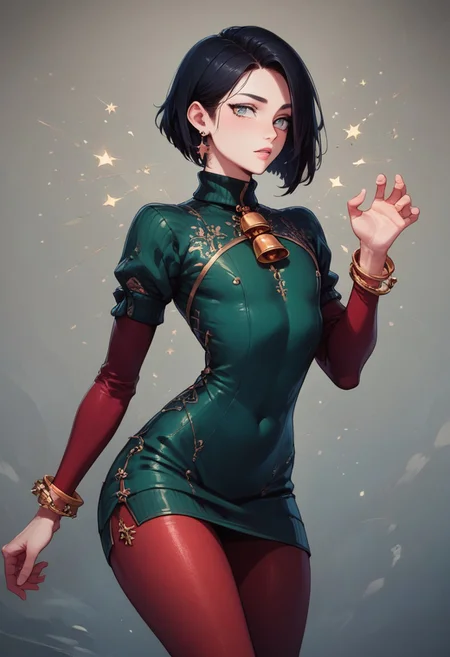 score_9, score_8_up, score_7_up, 1boy, femboy, otoko no ko, short hair, bob cut hair, black hair, grey eyes, gray eyes, feminine face, toned body, Shelly,
bodycon dress, sweater dress, green dress, sleeves, neckline, red pantyhose, embroidered pantyhose, earrings, bracelets, christmas hair ornament,
highly detailed, intricate, zzCitronCAT, model pose, modelshoot
