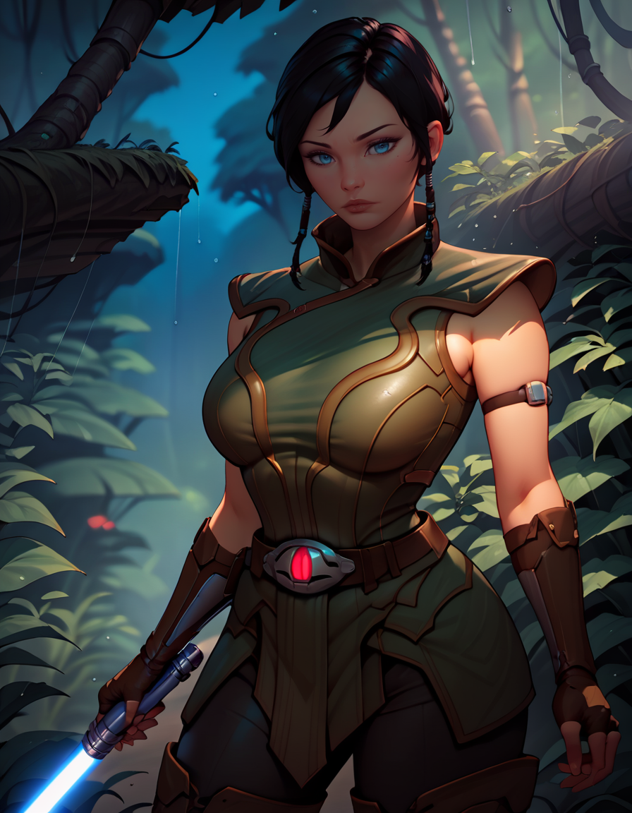 score_9, score_8_up, score_7_up,score_6_up, score_5_up, score_4_up , 1girl, solo, 
large breasts, 
sateleshandg,
black hair, blue eyes, 
armor, thigh boots,  belt, 
holding lightsaber,
science fiction, jungle, rain, night, 
 <lora:Satele Shan PonyXL V01:0.90>