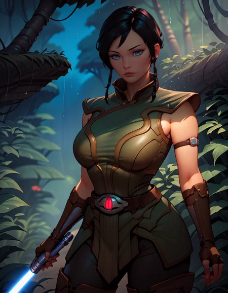 score_9, score_8_up, score_7_up,score_6_up, score_5_up, score_4_up , 1girl, solo,
large breasts,
sateleshandg,
black hair, blue eyes,
armor, thigh boots, belt,
holding lightsaber,
science fiction, jungle, rain, night,
<lora:Satele Shan PonyXL V01:0.90>