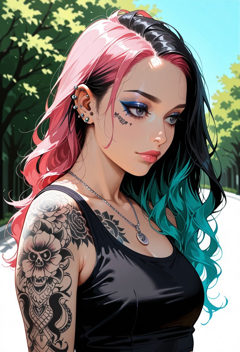 score_9,score_8_up, source_anime,1girl, day, ((long hair)), multi colored hair, alt girl, makeup,emo, emo makeup, lips, closed mouth, wavy hair, long hair, realistic,tank top,jewelry,necklace, (tattoos, piercings, septum piercing:2),earrings,posed, seductive, pink-emo, waist up portrait