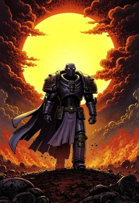 Illustration by Jean-Claude Mézières of a GreyK40k, armored figure standing against a dramatic backdrop of a fiery, glowing sun. The figure is clad in intricately detailed steel grey power armor, exuding a sense of power and mystery. A long, flowing cape billows behind, blending with the swirling flames and smoke. The sun, positioned directly behind the figure, casts an intense, radiant light, creating a halo effect. The sky is filled with dark, ominous clouds, enhancing the dramatic and otherworldly atmosphere. The ground is rocky and charred, suggesting a volcanic or apocalyptic setting. The overall composition is centered, with the figure dominating the foreground, while the vibrant, fiery sun provides a striking contrast to the dark tones of the armor and landscape
