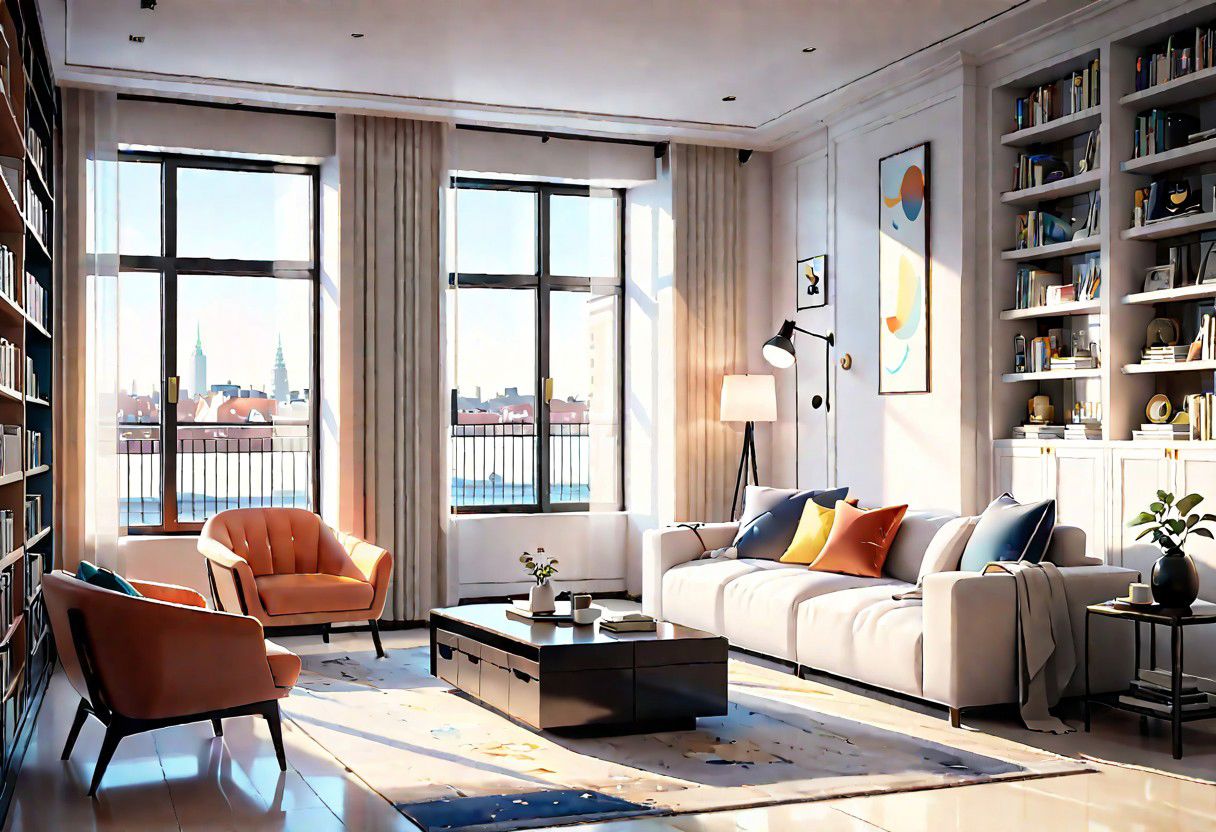 ((front view)), Shallow scene, ((animation style)), modern-style interior, with white walls, (large windows), a  study, Sofa, coffee table, bookcase, single wall, 
warm light morning sun, (the view of the city)