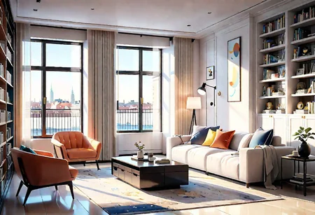 ((front view)), Shallow scene, ((animation style)), modern-style interior, with white walls, (large windows), a  study, Sofa, coffee table, bookcase, single wall, 
warm light morning sun, (the view of the city)