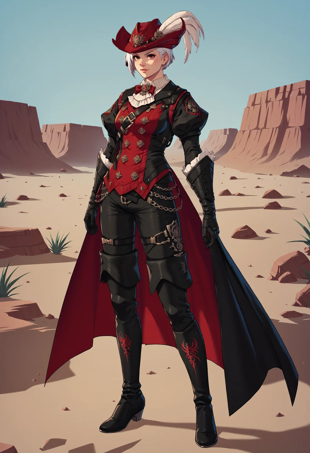 zPDXL,score_9, score_8_up, score_7_up, source_anime, 1girl, solo, full body, standing, desert,
white hair, red eyes, short hair, pixie cut,
rdmAf, duelist head, hat feather, duelist body, duelist gloves, duelist pants, duelist cape, duelist boots, <lora:Duelists_Attire_FFXIV-Red_Mage_AF1:.75> (black clothing:1.5)