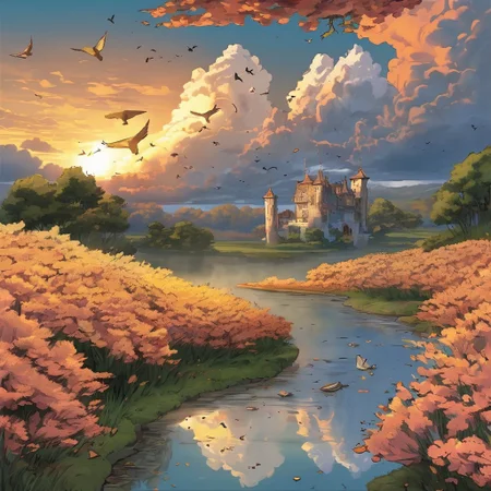 epic clouds, scenery, outdoors, grass, sunset, a floating castle, flowers, cloudy sky, a magical city, twilight, nature, wind, masterpiece, best quality, very aesthetic, magical white cherry tree, no people, source_anime, golden hour:0.4, fall colour scheme:0.2, leafs flying in the wind, birds in the air, wind blowing grass and trees in motion, foggy, moody image, interesting lighting, steampunk theme, setting sun visible, large sun, god rays, beautiful sunset
