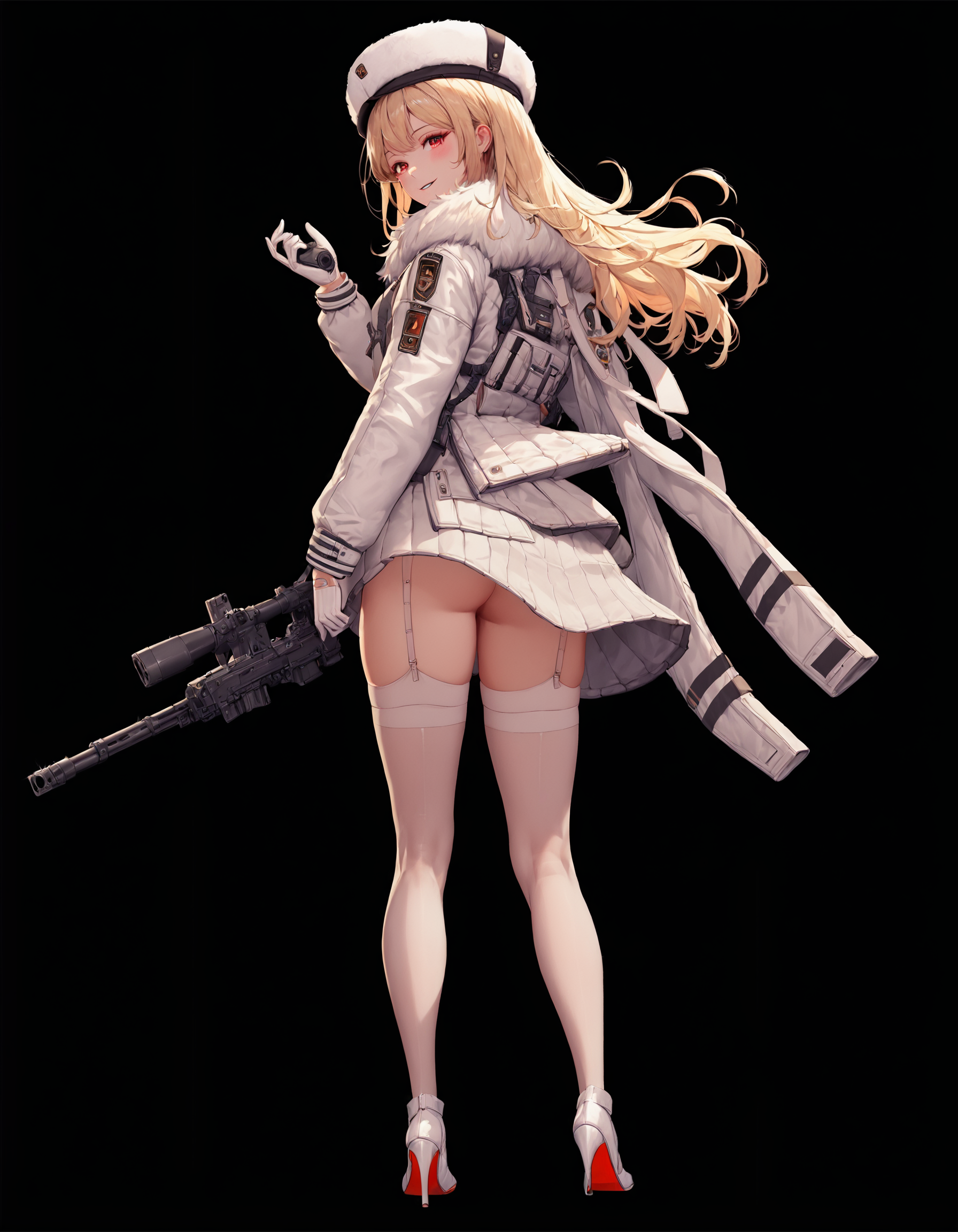 score_9, score_8_up, score_7_up, score_6_up, score_5_up, score_4_up, Nikkedusk_Style, white footwear, standing, long sleeves, holding weapon, blonde hair, submachine gun, hat, weapon, high heels, black background, holding gun, white thighhighs, red eyes, fur hat, simple background, looking at viewer, jacket, gloves, fur trim, ass, white jacket, parted lips, solo, dress, gun, holding, smile, long hair, blush, thighhighs, full body, 1girl, looking back, garter straps, boots, white gloves, white headwear, from behind  <lora:GoddessofNikkie_PonyXL:1>
