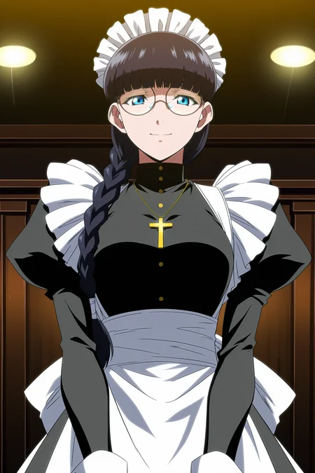 anime screencap, anime coloring, detailed face, masterpiece, best quality, very aesthetic, absurdres, volumetric lighting, official style, amazing quality, ultra detailed, highres, amazing quality, scenery, beautiful detailed hair, beautiful detailed eyes, defined fingers, five fingers,
<lora:StS-Illustrious-Detail-Slider-v1.0:4>
<lora:Roberta_Black_Lagoon:1>
Roberta maid outfit, Roberta (character), 1girl, blue eyes, glasses, cross necklace, glasses, maid, solo, cross, apron, maid headdress, braid, necklace, jewelry, gloves, maid apron, long hair, elegant smile