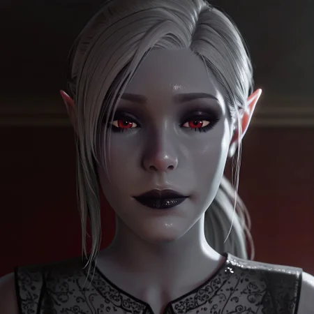 nyl style, nyl_style, beautiful, stunning, masterpiece, best quality, amazing quality, 1girl, solo, pointy ears, red eyes, portrait, realistic, looking at viewer, black lips, grey skin, makeup, grey skin, vampire, dressed