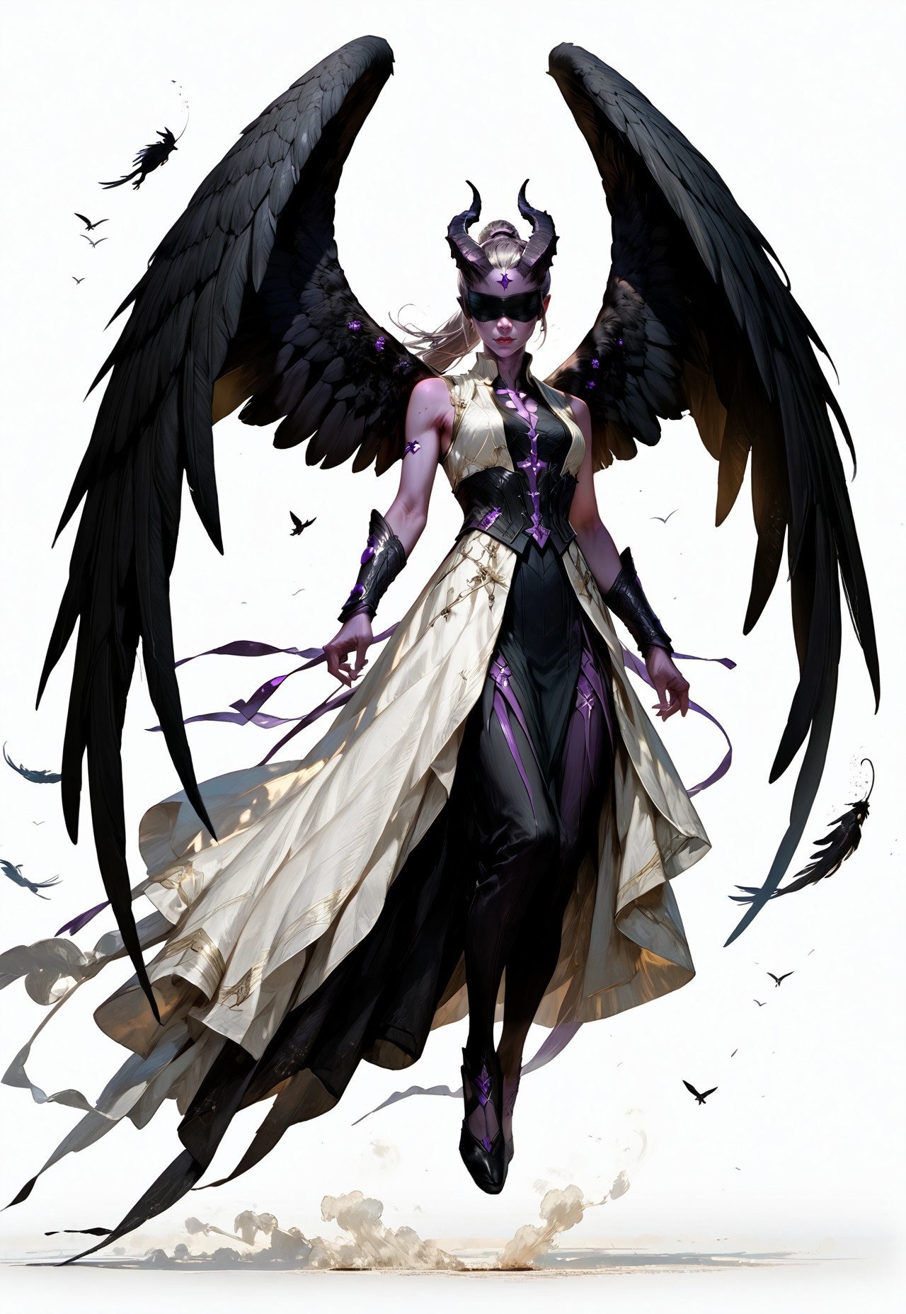 (absurdres, best quality, masterpiece:1.4), 
score_9, score_8_up, score_7_up, score_6_up, 
detailed, 
detailed body, 
detailed face, 
(((smooth skin, unbroken skin, detailed skin))), 
fantasy, 
alone, 

female, 
tiefling, 
h0rns, 
ram horns, 
black horns, 
tall, 
((((purple skin)))), 
((long grey hair, ponytail)), 
(((wingsd, black wings))),

floating, flying, hovering, weightless, 

(white robe, sleeveless, 
blindfold, black cloth blindfold), 

(((white background, plain background))), 
full body, 
front view, 