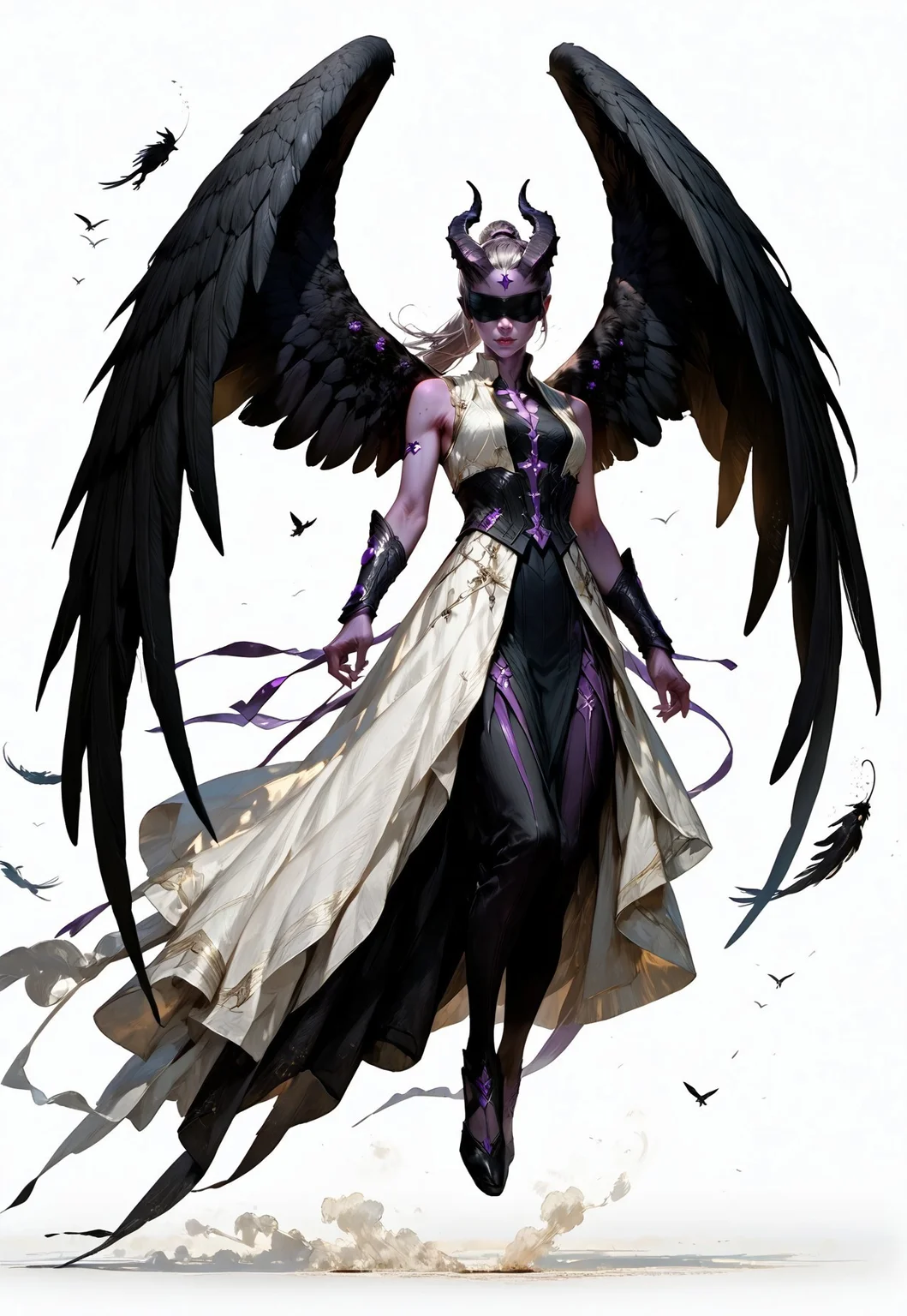 (absurdres, best quality, masterpiece:1.4),
score_9, score_8_up, score_7_up, score_6_up,
detailed,
detailed body,
detailed face,
(((smooth skin, unbroken skin, detailed skin))),
fantasy,
alone,
female,
tiefling,
h0rns,
ram horns,
black horns,
tall,
((((purple skin)))),
((long grey hair, ponytail)),
(((wingsd, black wings))),
floating, flying, hovering, weightless,
(white robe, sleeveless,
blindfold, black cloth blindfold),
(((white background, plain background))),
full body,
front view,