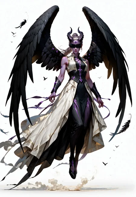 (absurdres, best quality, masterpiece:1.4),
score_9, score_8_up, score_7_up, score_6_up,
detailed,
detailed body,
detailed face,
(((smooth skin, unbroken skin, detailed skin))),
fantasy,
alone,
female,
tiefling,
h0rns,
ram horns,
black horns,
tall,
((((purple skin)))),
((long grey hair, ponytail)),
(((wingsd, black wings))),
floating, flying, hovering, weightless,
(white robe, sleeveless,
blindfold, black cloth blindfold),
(((white background, plain background))),
full body,
front view,